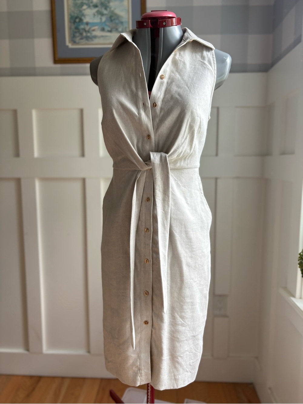 Ann Taylor Linen Blend Cream Sleeveless Button-Front Tie-Waist Dress Size 6P